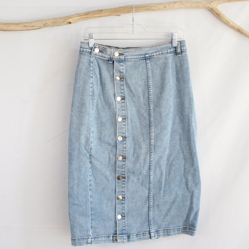 Fashion Nova Light Blue Skirt Size XL X-Large Button Front Midi Denim Skirt